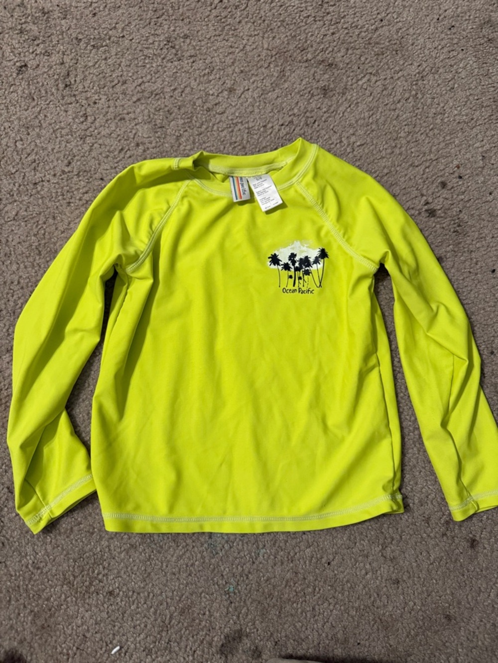 OP Neon Yellow Long Sleeve Rash Guard with Palm Tree Graphic
